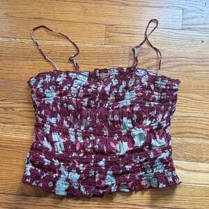 Free People Floral Smocked Camisole in Burgundy and Light Blue